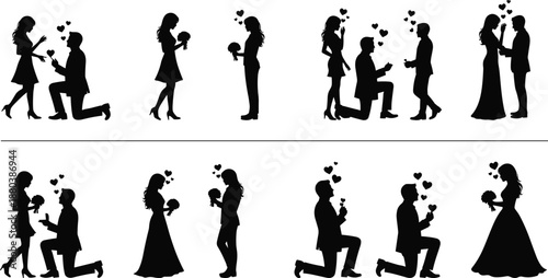 Romantic proposal and engagement silhouettes set showing kneeling men, flowers, hearts and couples in love relationship moments isolated on white background