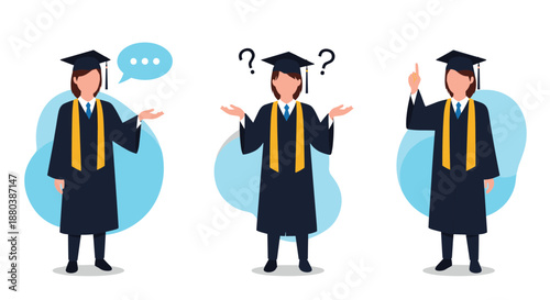 Set of graduate student character poses showing various emotions like talking and confusion and having an academic idea.