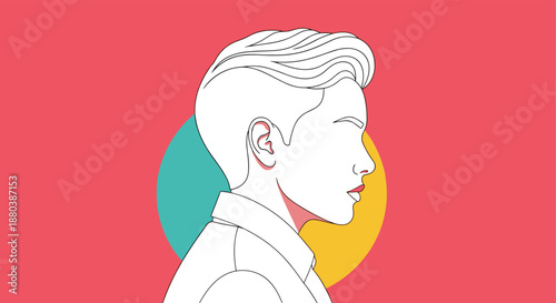 Profile outline of person with stylish modern undercut hairstyle against colorful circles for salon and hair care themes.