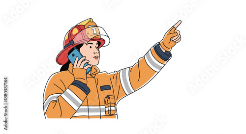 Female firefighter wearing orange protective uniform talking on mobile phone and pointing away during emergency response work.