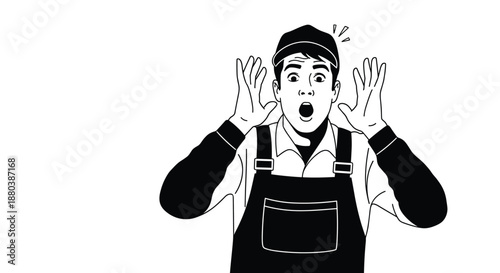 Surprised man in work overalls and cap with wide eyes and open mouth holding hands up in shock or amazement on plain white background.