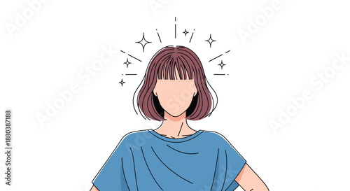 Young woman with short bob haircut facing forward with shimmering stars and light rays around her head representing self-care and beauty.