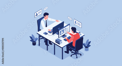 Isometric illustration of two men working together at a shared office desk with computers, books, and plants on a light blue background.