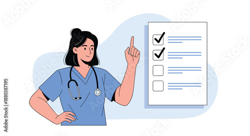 Female healthcare worker in blue scrubs with stethoscope pointing at a large medical checklist with checkboxes for patient care and tasks.