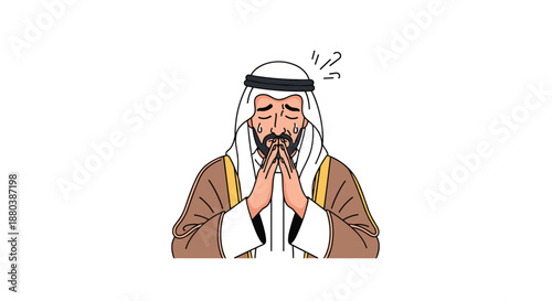 Man in traditional Arab kandura and ghutra with hands together in prayer or despair showing sad emotional expression and tears on face.