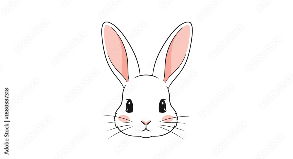 Fototapeta premium Cute white rabbit face illustration with long ears and pink cheeks on a clean white background for animal lovers and kids.