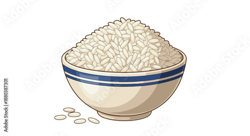 Large bowl of fluffy white cooked rice with several grains scattered beside it on a plain white background for food and nutrition themes.