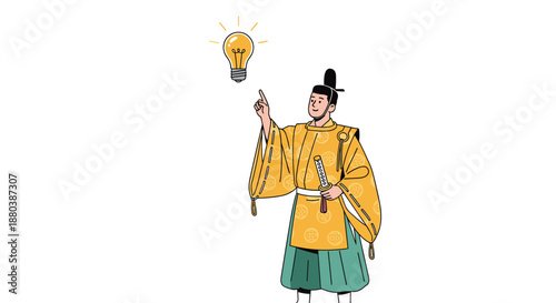 Historical Japanese figure in traditional court attire pointing to a glowing lightbulb representing a sudden idea or innovative thought.