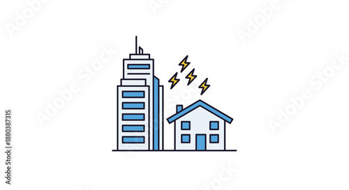 Simple illustration of a city building and a small house with lightning bolts between them representing power outage or electrical storm.
