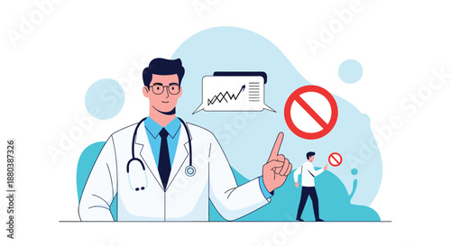 Male doctor in white coat pointing finger next to data chart and no entry symbol advising against unhealthy habits or risks.