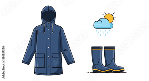 Waterproof blue raincoat and matching rain boots set with weather icon showing sun behind clouds and falling rain droplets.