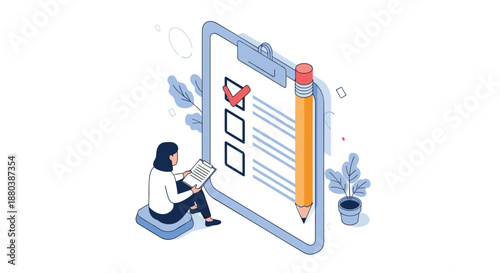 Person sitting on cushion next to giant checklist clipboard and large pencil completing tasks or taking survey evaluation.