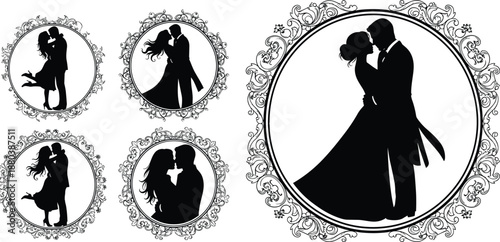 Vintage ornate frames with romantic couple silhouettes kissing and dancing, elegant wedding love illustration set isolated on white background