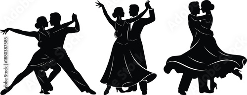 Elegant ballroom dancing couples silhouettes performing tango and waltz poses, graceful motion, classic dance partnership isolated on white background