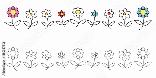 A row of colorful hand drawn flowers and a faint outline below them