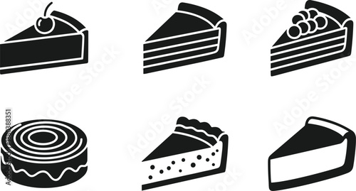 Assorted cake slices icons, black and white vector illustrations