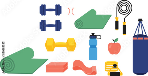 Fitness workout equipment vector illustration set with yoga mats, dumbbells, water bottle, punching bag, and training accessories