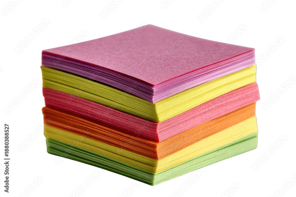 Fototapeta premium Stack of colorful square paper notes on black background pink, Png On White Background, Isolated on Transparent Background, Cut Out