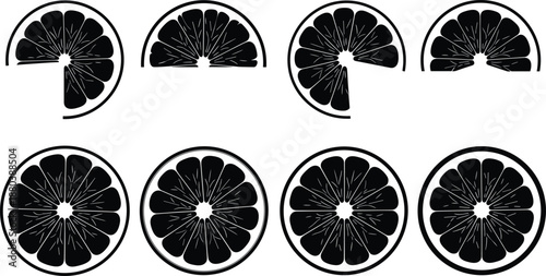 Black silhouette collection of citrus fruit slices featuring whole rounds and half segments for fresh juice menu and healthy nutrition.