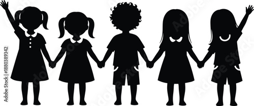 Children silhouette, holding hands, friendship icon, unity symbol, black vector, group of kids, happy moment, childhood bond, playful scene, social connection