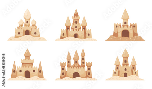 Summer Sand Castle Vector Set with Six Cute Beach Castles