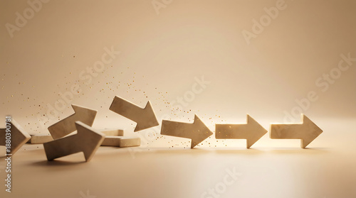 wooden arrows shifting direction in minimalist studio scene representing strategy change and business decision making with copy space