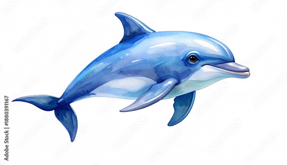 Obraz premium Watercolor illustration of a graceful blue dolphin, capturing the vibrant spirit and serene beauty of marine life