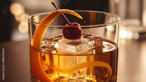 A sophisticated cocktail with ice, garnish, and a cherry, perfect for refreshment in a bar setting