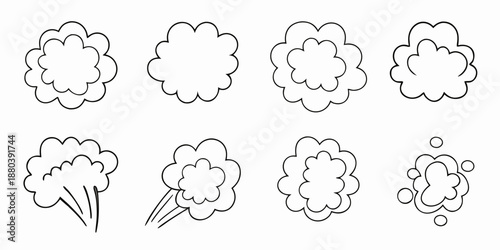 A collection of hand drawn cloud shapes in a simple black and white style