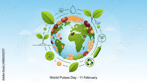 World pulses day illustration with globe surrounded by pulses and leaves on blue background