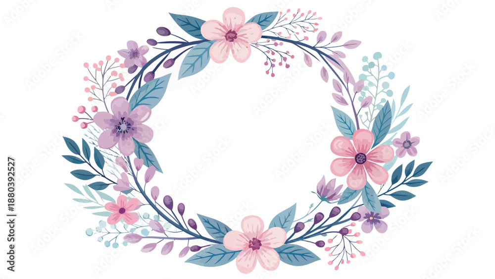Fototapeta premium Beautiful floral wreath with pink and purple flowers and leaves