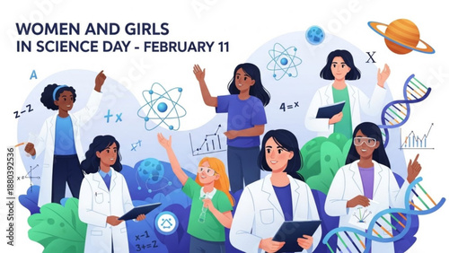 Diverse women and girls in science celebrating international day of women and girls in science on february 11 with lab coats and scientific symbols around them