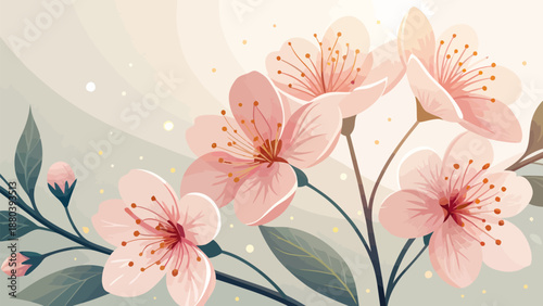 Beautiful pink cherry blossoms in full bloom with green leaves