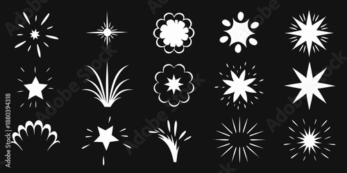 Collection of diverse white starburst and sparkle effects on black background