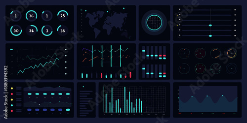 Abstract digital dashboard interface with various data visualizations and glowing elements