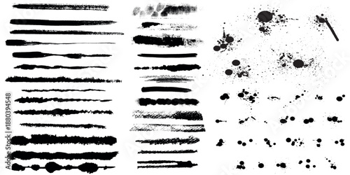 Collection of vector paint brush stroke, ink splatter, grunge line and artistic design elements. Dirty overlay, watercolor splash, black silhouette and torn paper set. Social media business banner art