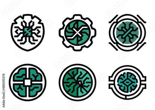 Six Tech Icon Set Representing Artificial Intelligence and Machine Learning