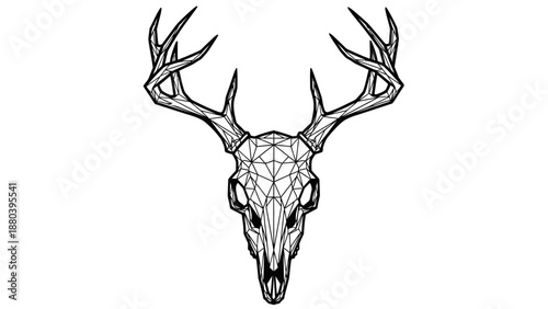 A geometric line art illustration of a deer skull with antlers on white background.