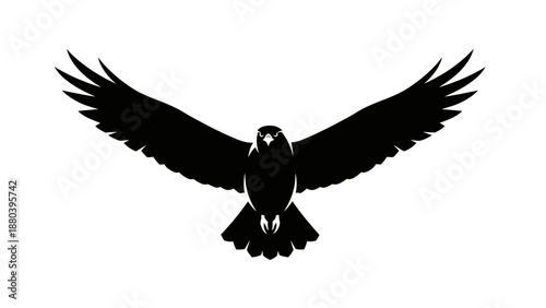 Black silhouette of a bird in flight with outstretched wings on a white background.