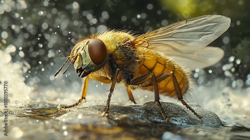 A detailed depiction of a horsefly landing on a wet surface. This close-up shows intricate details of the insect's body and wings, highlighting its delicate yet formidable presence