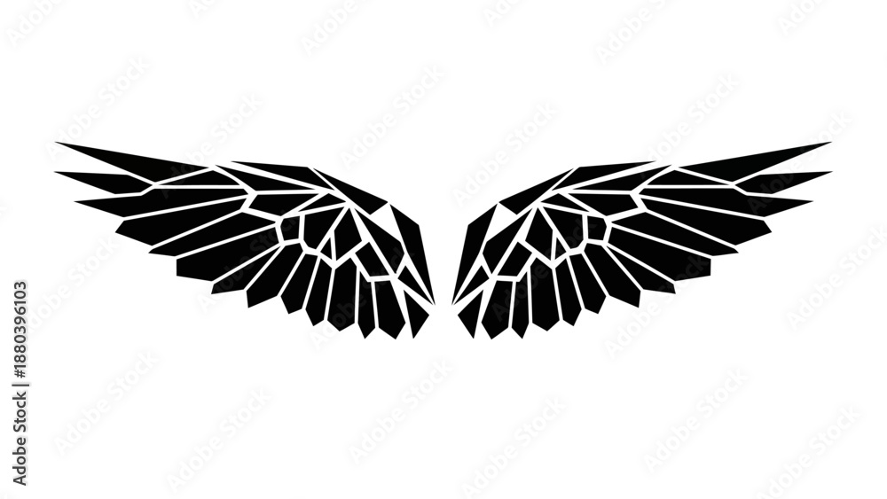 Obraz premium Black and white illustration of symmetrical wings with detailed feathers on a plain white