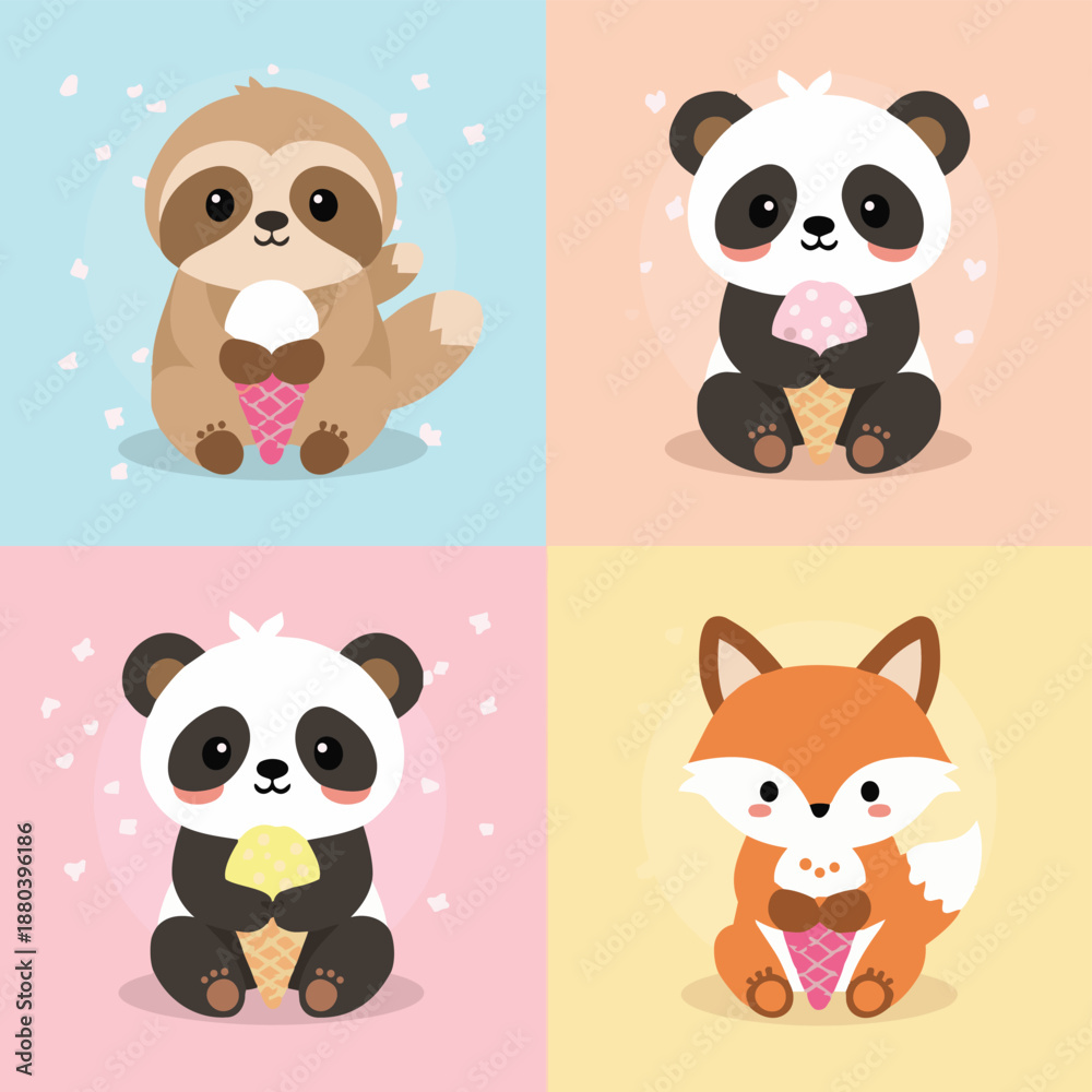 Fototapeta premium Cute kawaii animal vector set with smiling sloth, panda and baby fox holding ice cream cones, pastel backgrounds, adorable cartoon characters, kids design, nursery, stickers, prints, flat illustration