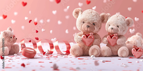 Three cute teddy bears holding hearts on pink background