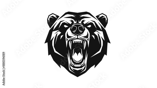 Graphic illustration of a black bear's angry head with an open mouth on a white