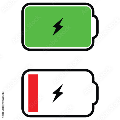 Two battery charge level icons showing a fully charged green battery and a low charge red battery isolated on transparent background
