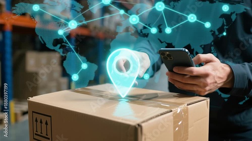 Package delivery loading logistics center automobile transportation technology distribution e commerce goods tracking mobile device warehouse environment location tracking cardboard box