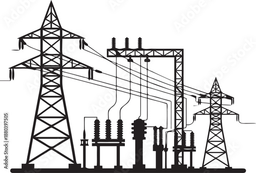 High voltage transmission pylon and power lines drawing.