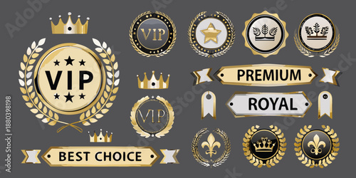 Collection of golden badges labels and emblems with various designs