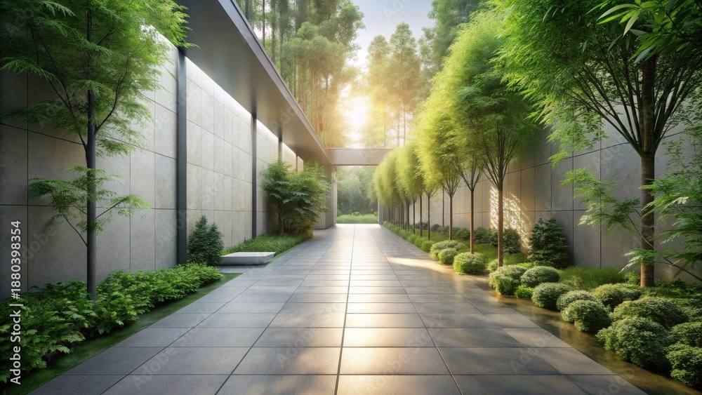 Obraz premium Serene Pathway Through a Lush, Modern Garden Oasis with Sunlight Streaming Through Trees