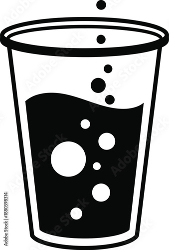 Black fizzy drink in a plastic cup with bubbles, refreshment icon